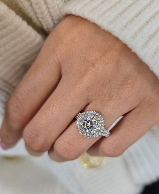Round Cut 1ct to 3.00ct Lab Grown Diamond Engagement Wedding Double Halo Ring in 14k 18k Platinum White Yellow Rose Gold