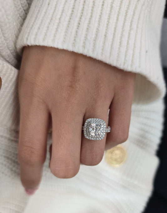 Cushion Cut 1ct 1.50ct 2.00ct 3.00ct Lab Grown Diamond Engagement Wedding Double Halo Ring in 14k 18k Platinum White Yellow Rose Gold.