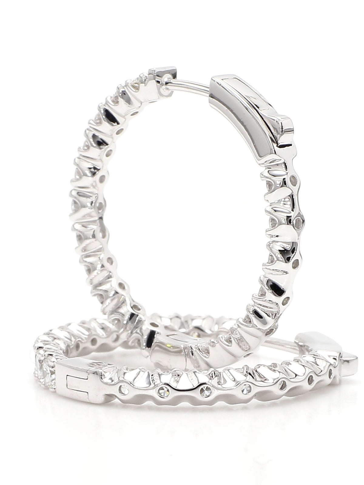 Hoops Earrings. Round Diamonds In and Out. 14k White Solid Gold 3 carats diamonds. Lab Grown F VS. Secure Click Lock. Ideal cut and shine.