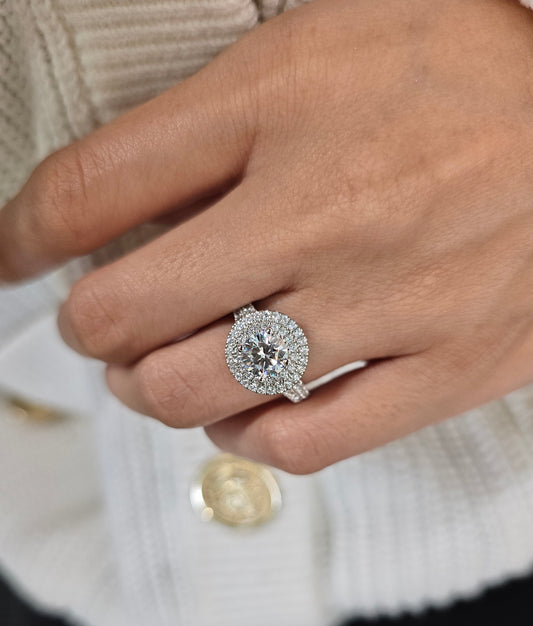 Round Cut 1ct to 3.00ct Lab Grown Diamond Engagement Wedding Double Halo Ring in 14k 18k Platinum White Yellow Rose Gold