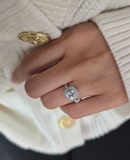Cushion Cut 1ct 1.50ct 2.00ct 3.00ct Lab Grown Diamond Engagement Wedding Double Halo Ring in 14k 18k Platinum White Yellow Rose Gold.