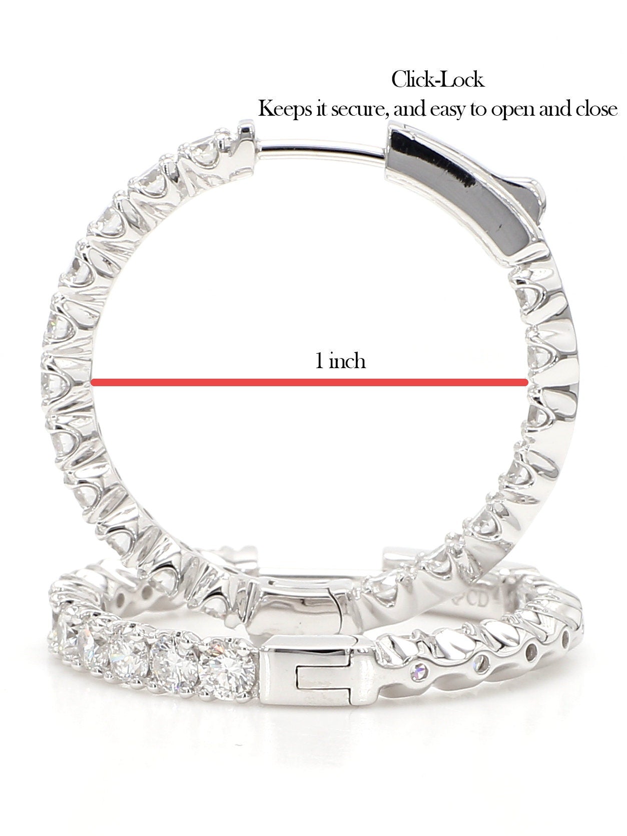 Hoops Earrings. Round Diamonds In and Out. 14k White Solid Gold 3 carats diamonds. Lab Grown F VS. Secure Click Lock. Ideal cut and shine.