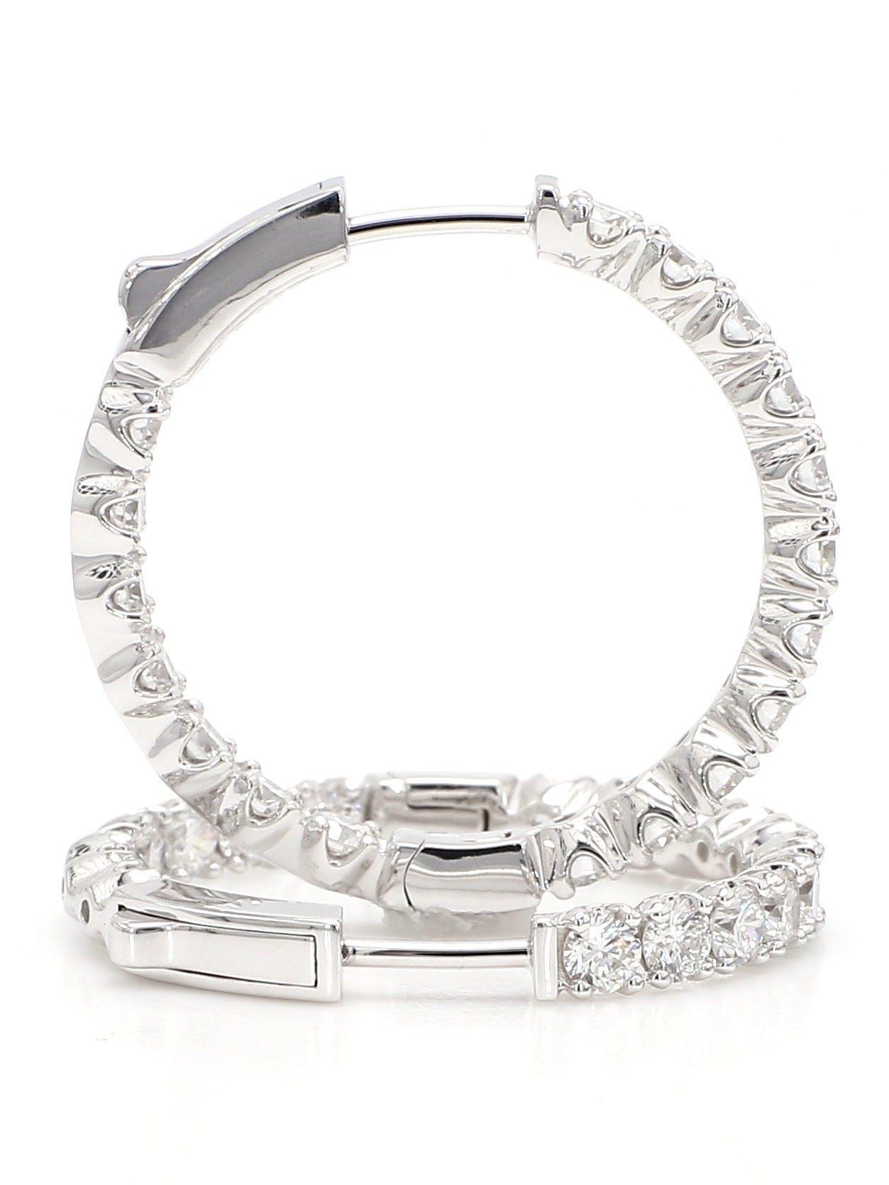 Hoops Earrings. Round Diamonds In and Out. 14k White Solid Gold 3 carats diamonds. Lab Grown F VS. Secure Click Lock. Ideal cut and shine.
