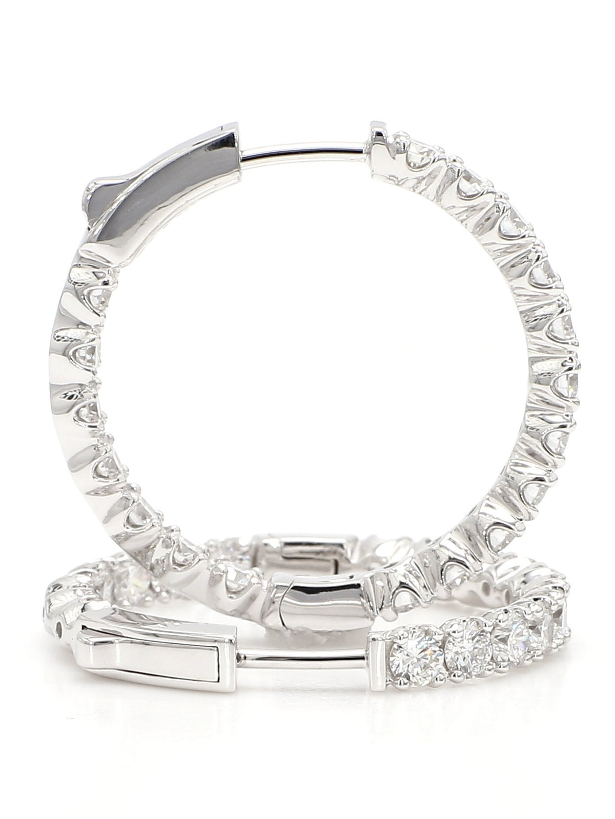 Hoops Earrings. Round Diamonds In and Out. 14k White Solid Gold 3 carats diamonds. Lab Grown F VS. Secure Click Lock. Ideal cut and shine.