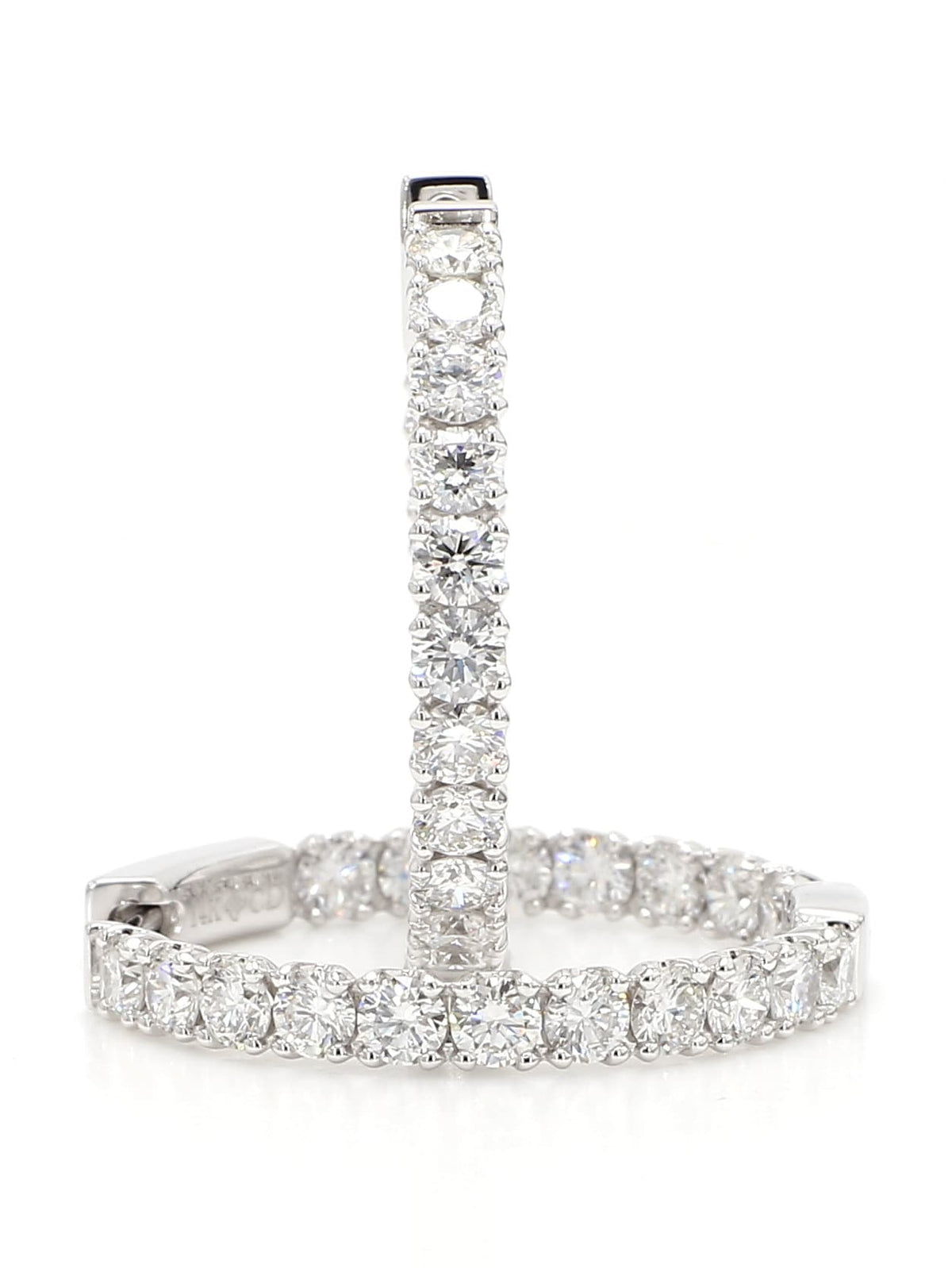 Hoops Earrings. Round Diamonds In and Out. 14k White Solid Gold 3 carats diamonds. Lab Grown F VS. Secure Click Lock. Ideal cut and shine.