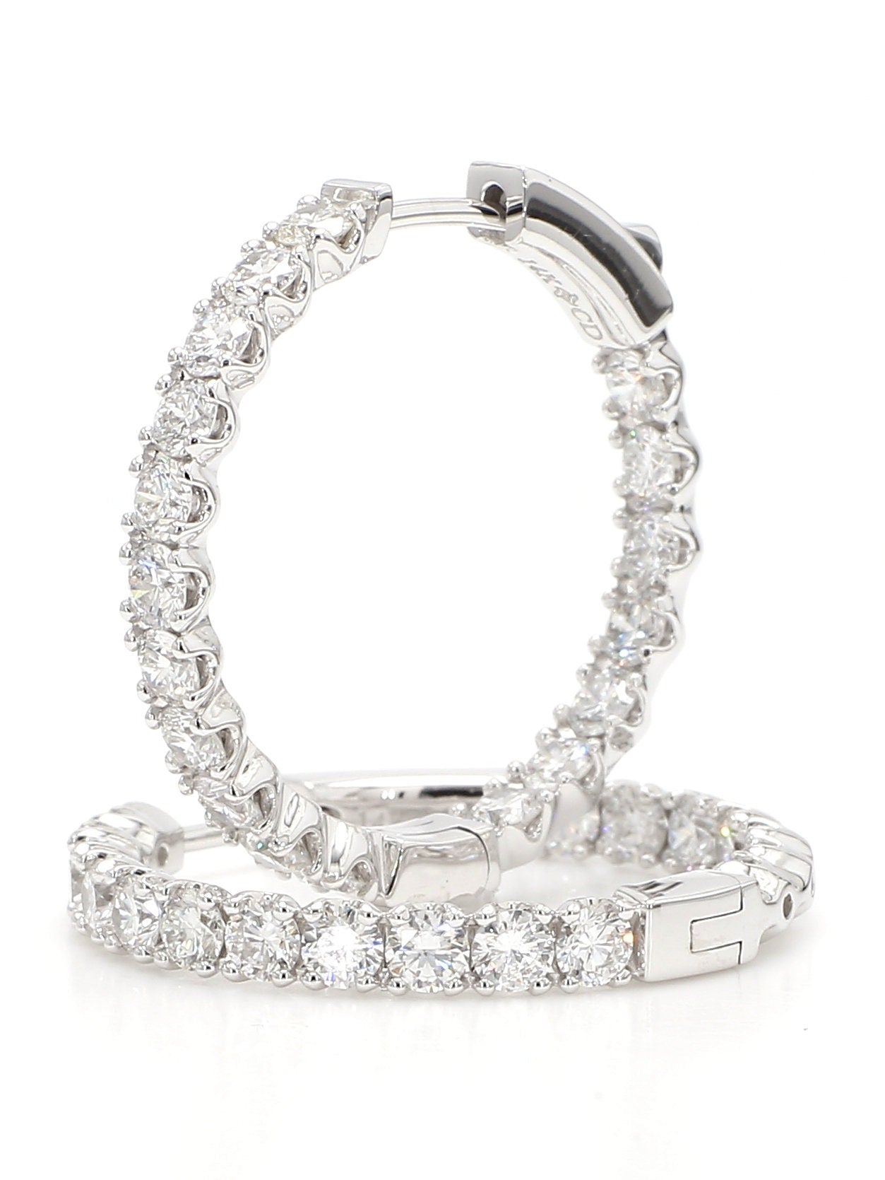 Round In and Out Diamond Hoops Earrings. 14k White Solid Gold 3 carats diamonds. Lab Grown F VS. Secure Click Lock. Ideal cut and shine.Gift