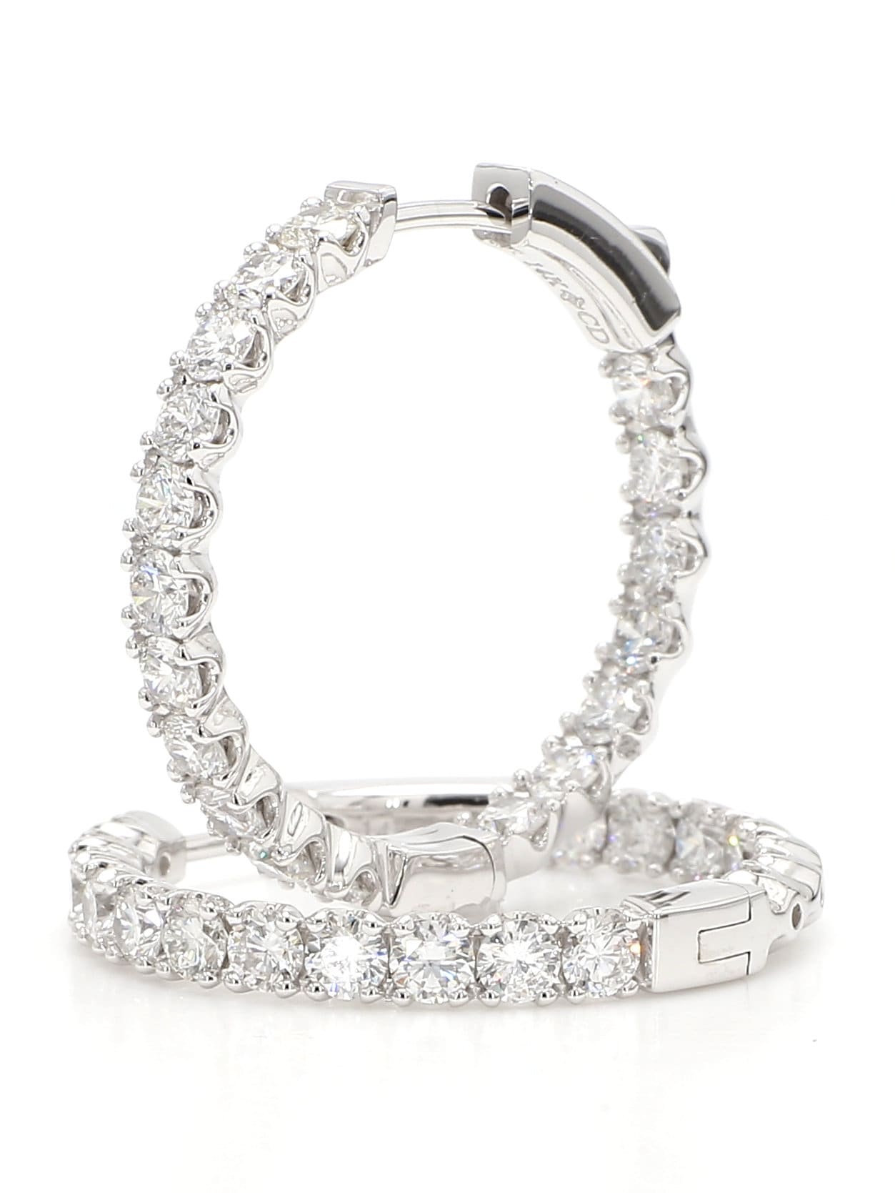 Hoops Earrings. Round Diamonds In and Out. 14k White Solid Gold 3 carats diamonds. Lab Grown F VS. Secure Click Lock. Ideal cut and shine.