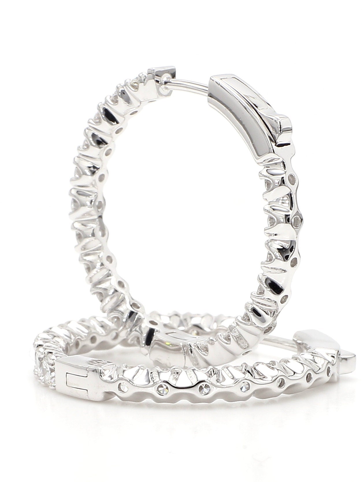 Round In and Out Diamond Hoops Earrings. 14k White Solid Gold 3 carats diamonds. Lab Grown F VS. Secure Click Lock. Ideal cut and shine.Gift
