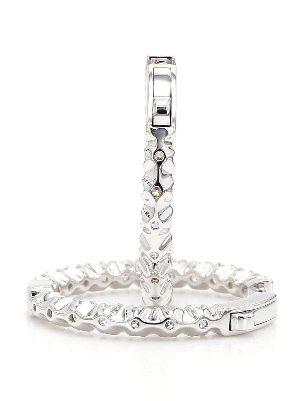 Hoops Earrings. Round Diamonds In and Out. 14k White Solid Gold 3 carats diamonds. Lab Grown F VS. Secure Click Lock. Ideal cut and shine.