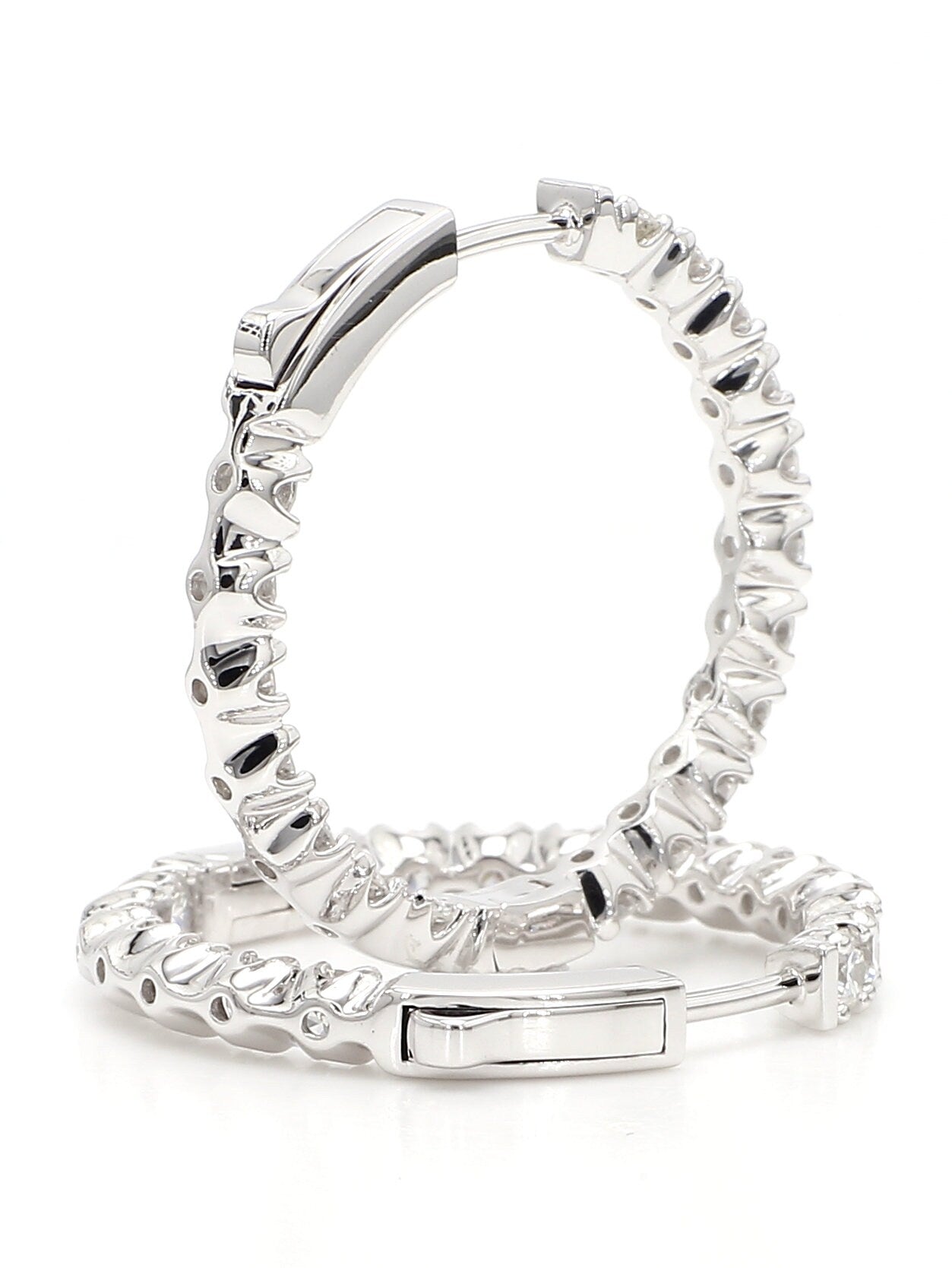 Hoops Earrings. Round Diamonds In and Out. 14k White Solid Gold 3 carats diamonds. Lab Grown F VS. Secure Click Lock. Ideal cut and shine.