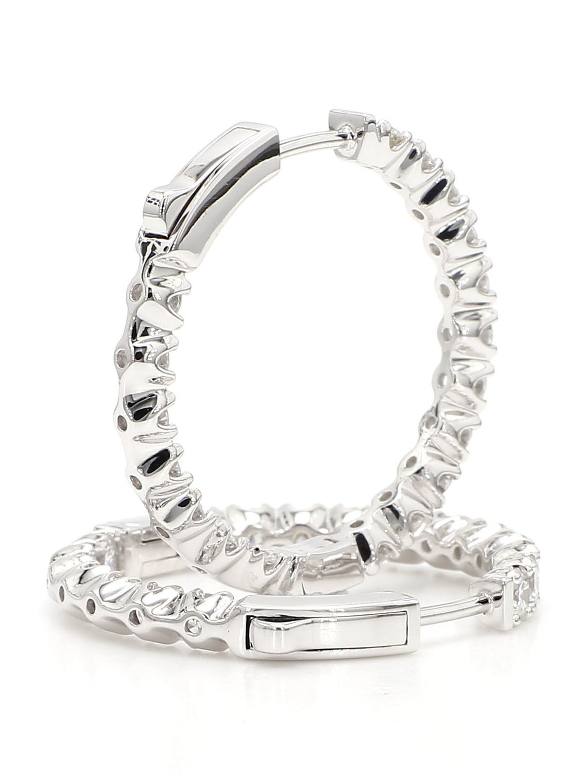Hoops Earrings. Round Diamonds In and Out. 14k White Solid Gold 3 carats diamonds. Lab Grown F VS. Secure Click Lock. Ideal cut and shine.