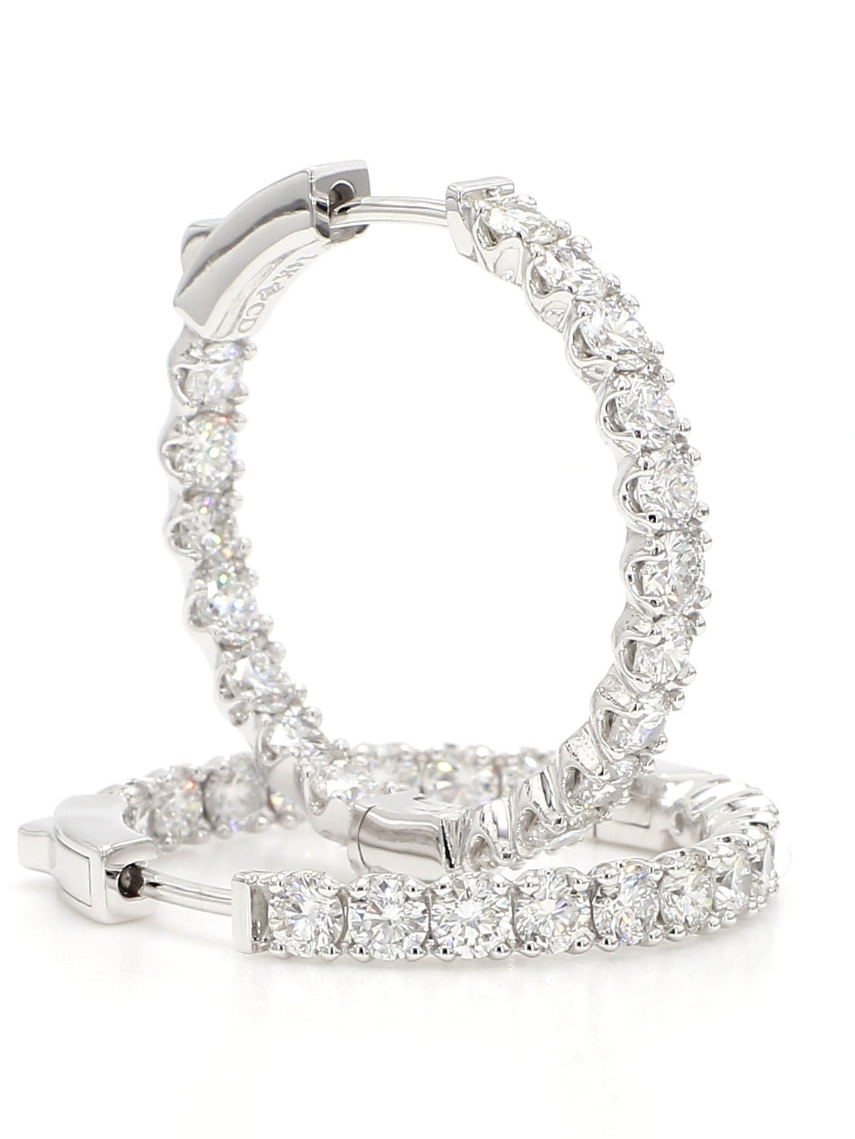 Hoops Earrings. Round Diamonds In and Out. 14k White Solid Gold 3 carats diamonds. Lab Grown F VS. Secure Click Lock. Ideal cut and shine.