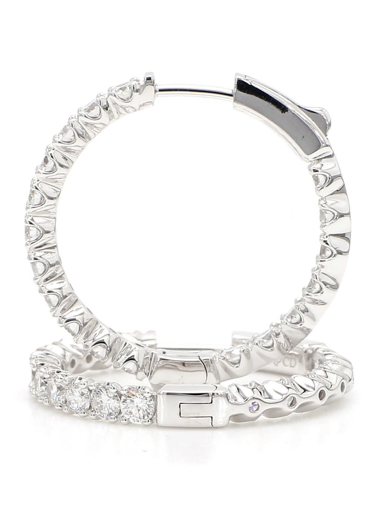 Hoops Earrings. Round Diamonds In and Out. 14k White Solid Gold 3 carats diamonds. Lab Grown F VS. Secure Click Lock. Ideal cut and shine.
