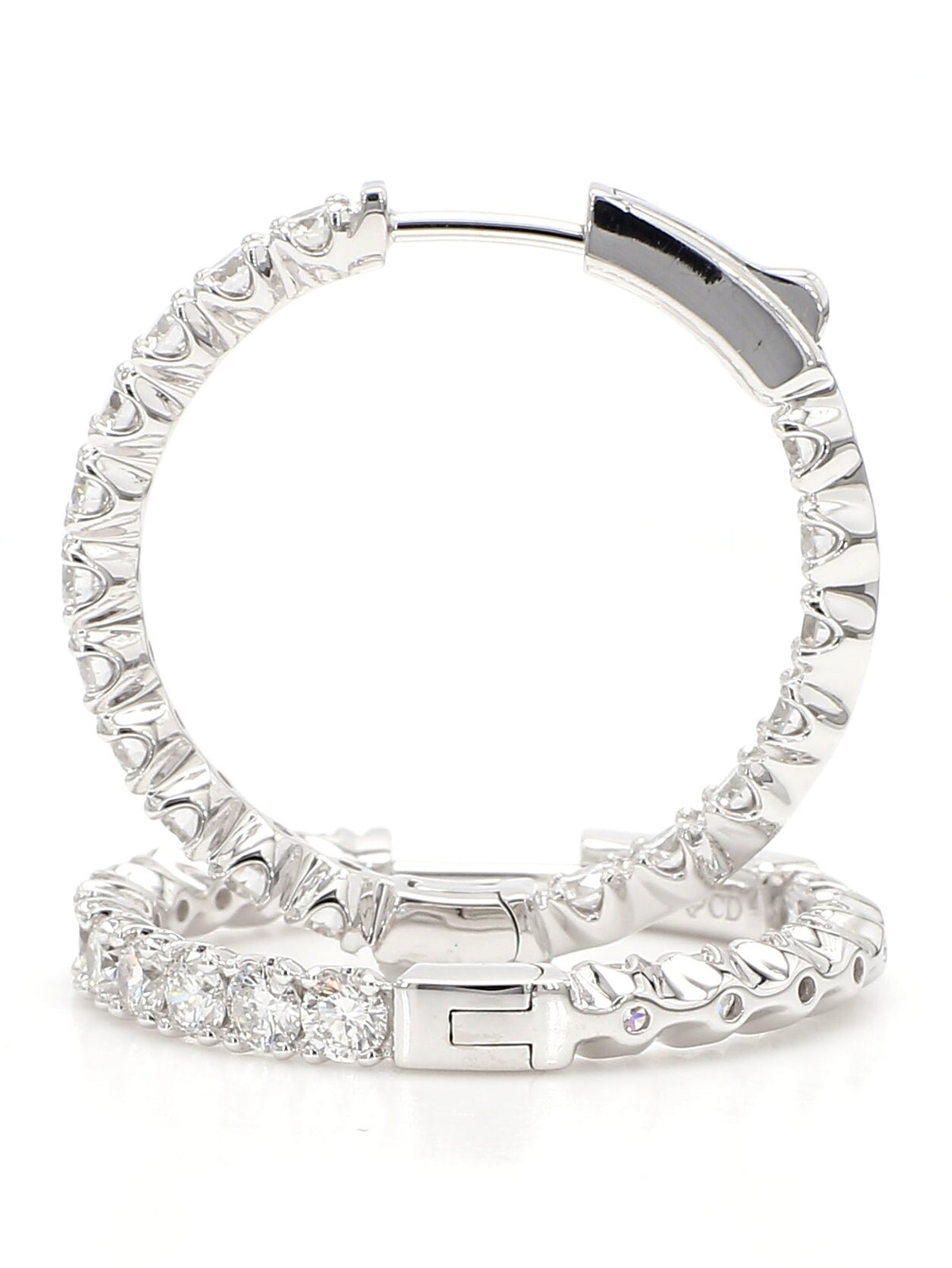 Hoops Earrings. Round Diamonds In and Out. 14k White Solid Gold 3 carats diamonds. Lab Grown F VS. Secure Click Lock. Ideal cut and shine.