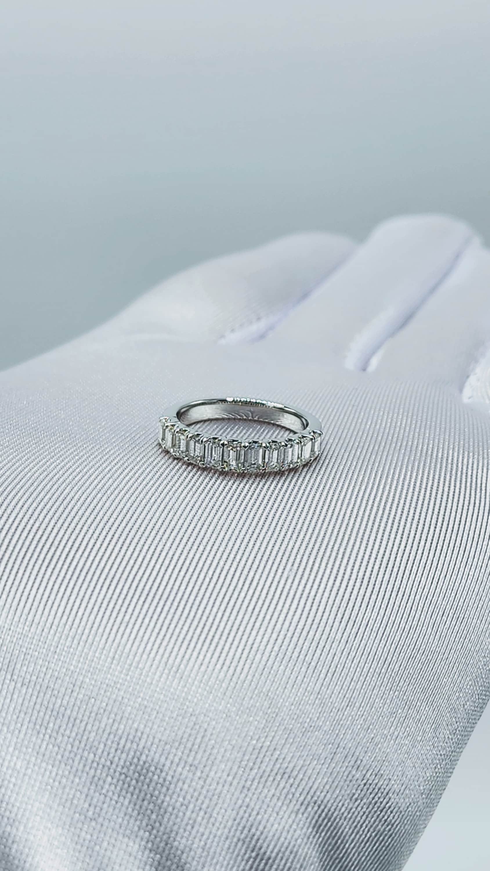 Emerald Cut Natural Diamond Wedding Band 14K Solid White Gold Halfway Ring. Stackable F Color VS Clarity. 11 Stone Promise Anniversary Ring