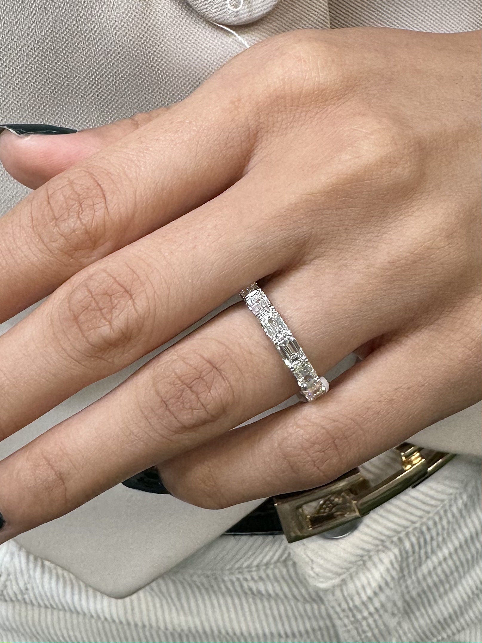 Horizontal Emerald Cut Diamond Ring in 18K White Gold, 1.72CTTW, F Color and VS Clarity Natural Diamonds.