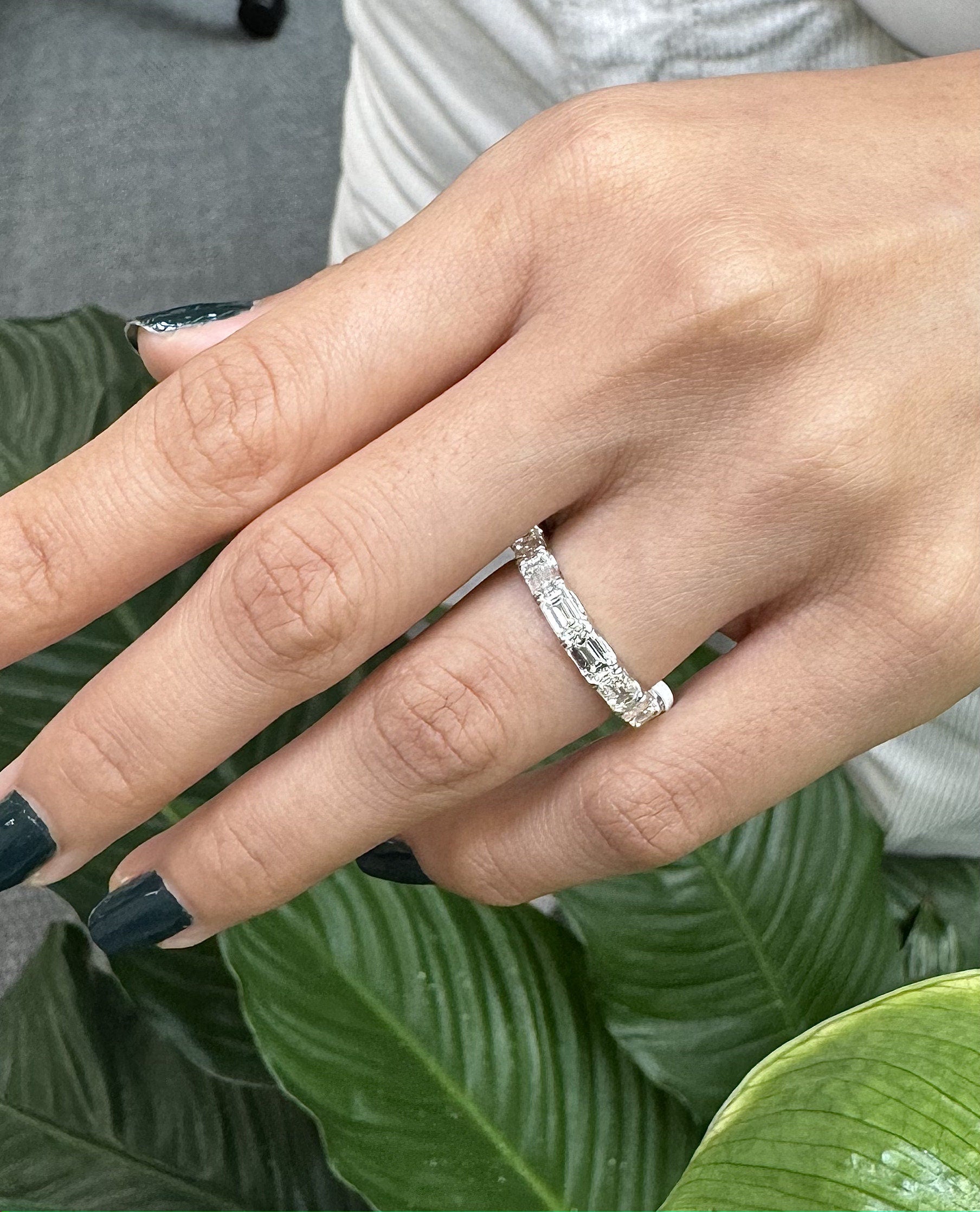 Horizontal Emerald Cut Diamond Ring in 18K White Gold, 1.72CTTW, F Color and VS Clarity Natural Diamonds.