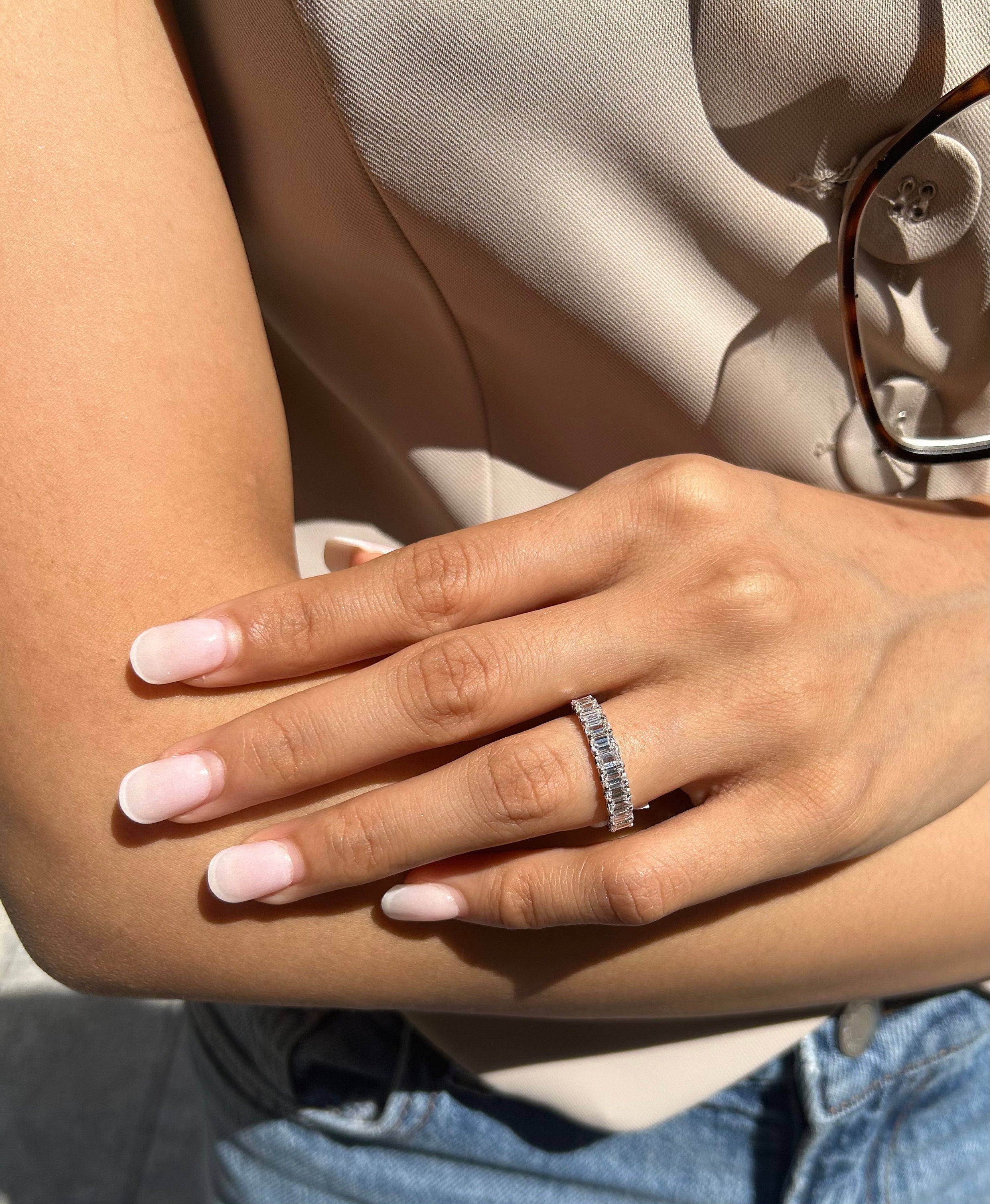 Natural Emerald Shaped Eternity Diamond Ring / Band in 14K 18K White Yellow Rose Gold and Platinum, 3 Carats, GH Color and VS Clarity.