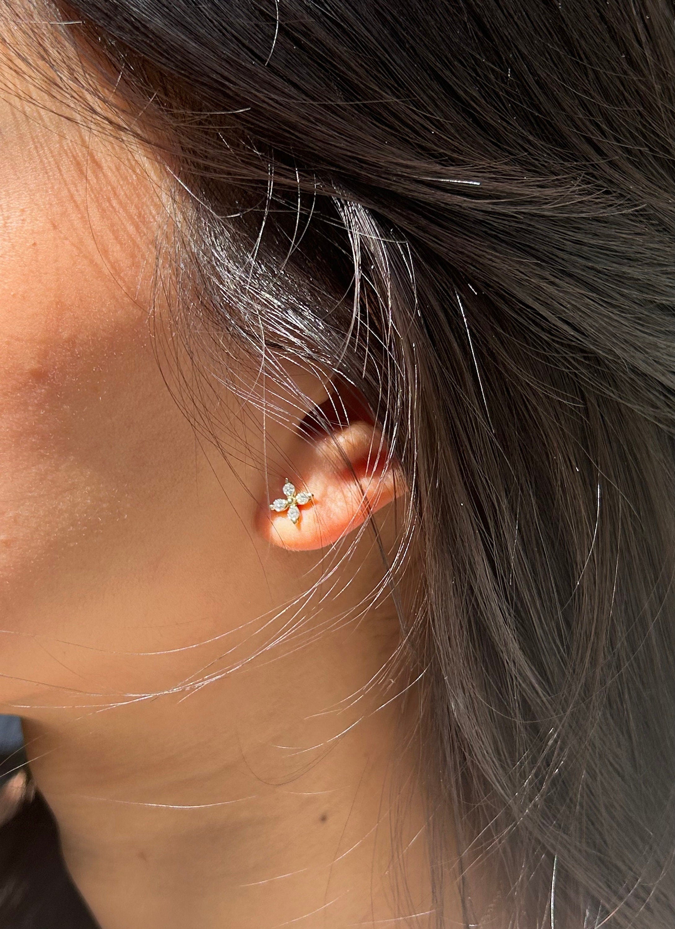 Natural Diamond Stud Earrings in 14K Yellow Gold, Dainty Flower Earring