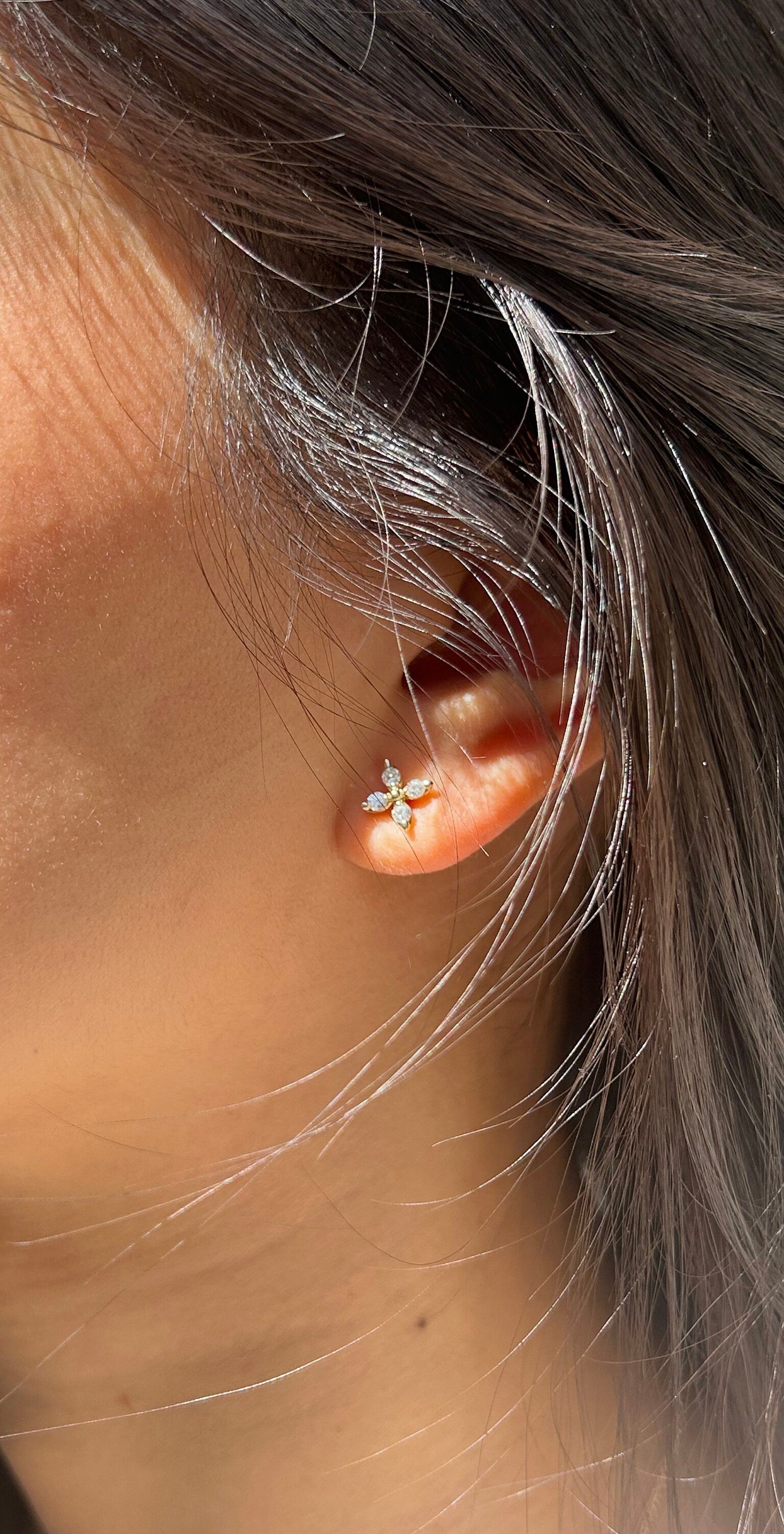Natural Diamond Stud Earrings in 14K Yellow Gold, Dainty Flower Earring