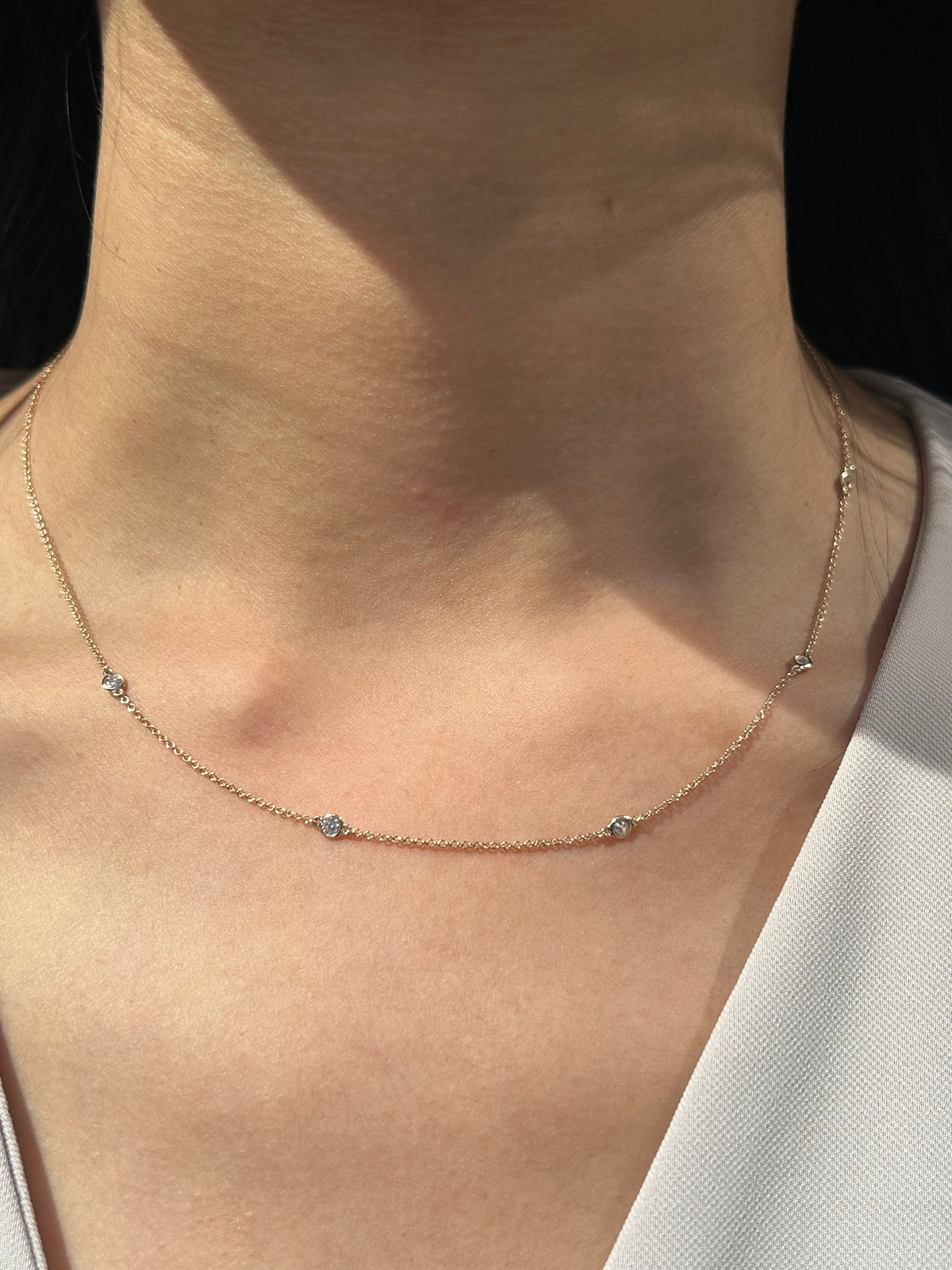 Diamond By The Yard Necklace in 14k White Yellow Rose Gold. F Color and VS Clarity Natural Diamonds. 5 Diamonds. 1/3cttw 17"