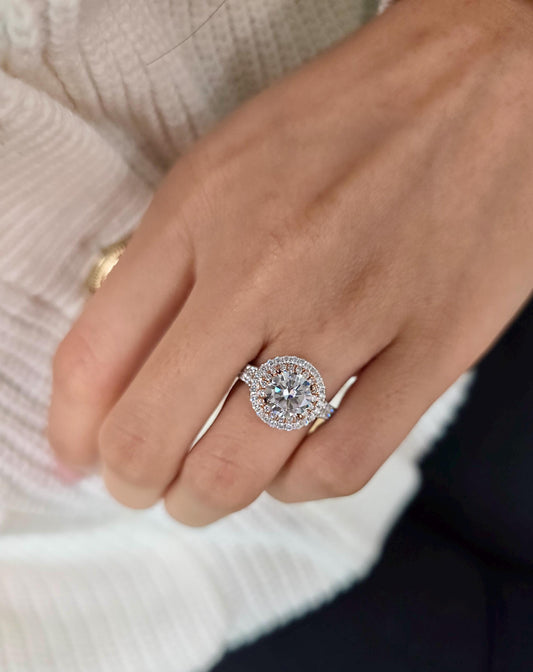 Round Cut 1ct 1.50ct 2.00ct 3.00ct Lab Grown Diamond Engagement Wedding Double Halo Ring in 14k 18k Platinum White Yellow Rose Gold.