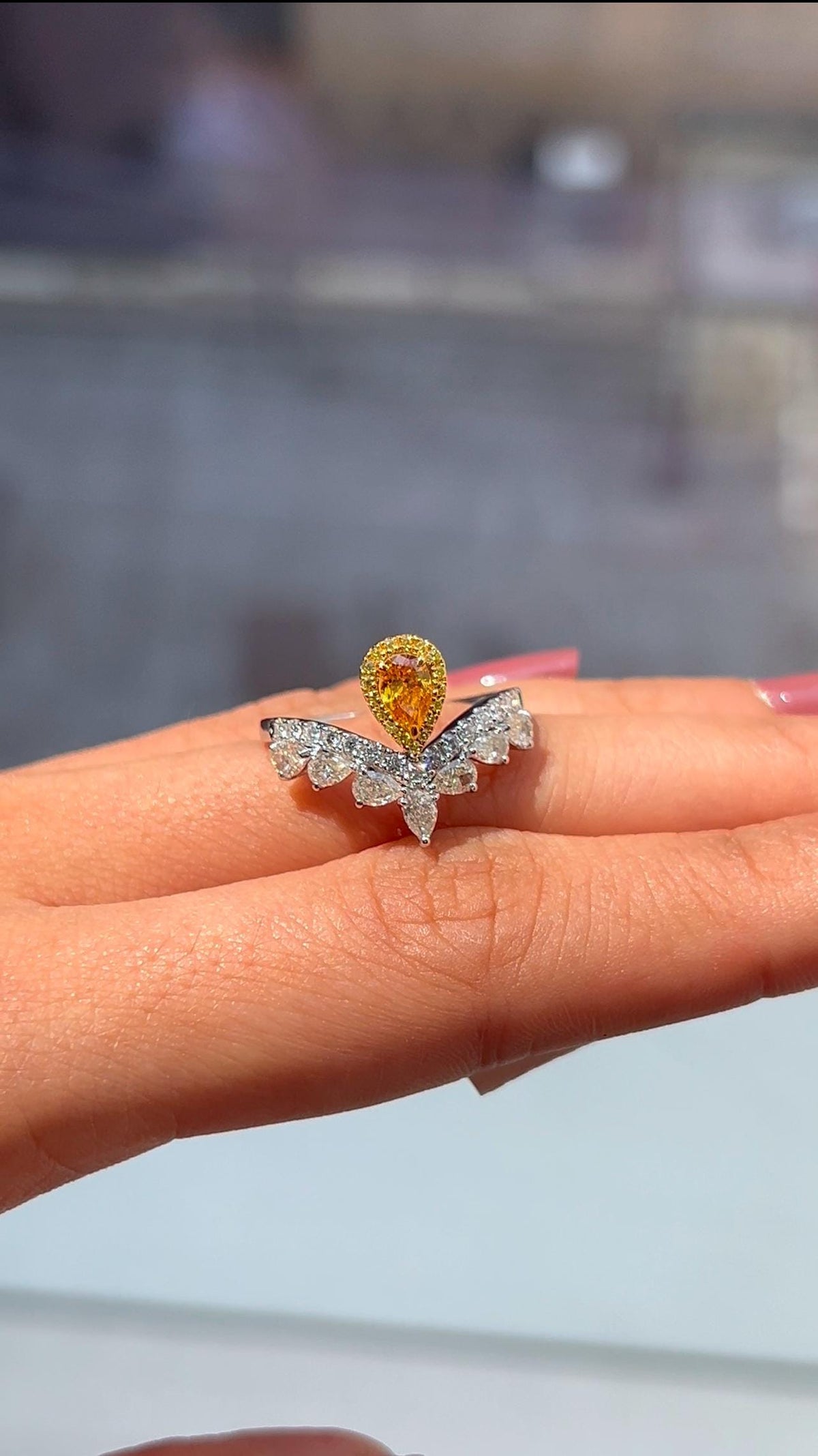 Natural Pear and Round Shaped Diamond Ring in 18K White Gold, 1.38 Carats, GH Color and VS Clarity.