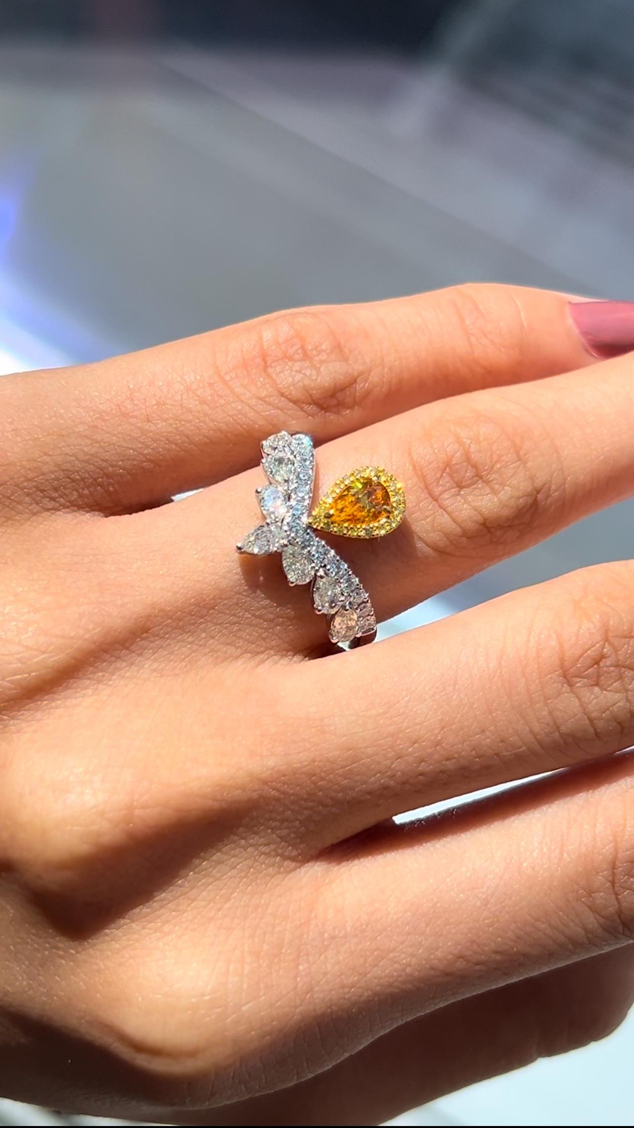 Natural Pear and Round Shaped Diamond Ring in 18K White Gold, 1.38 Carats, GH Color and VS Clarity.