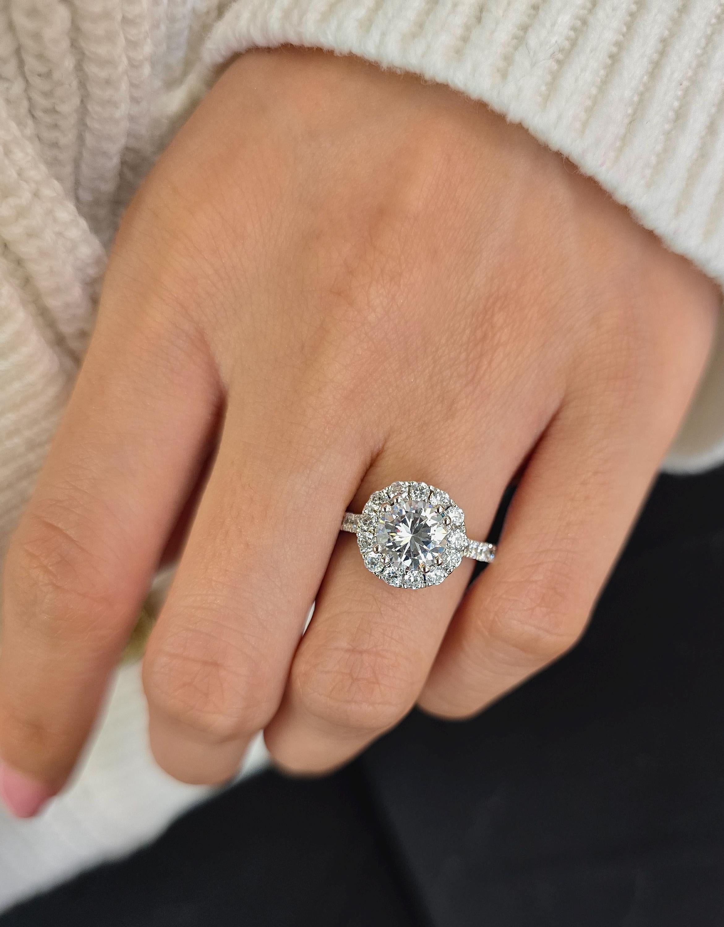 Round Cut 1ct 1.50ct 2.00ct 3.00ct Lab Grown Diamond Engagement Wedding Double Halo Ring in 14k 18k Platinum White Yellow Rose Gold.