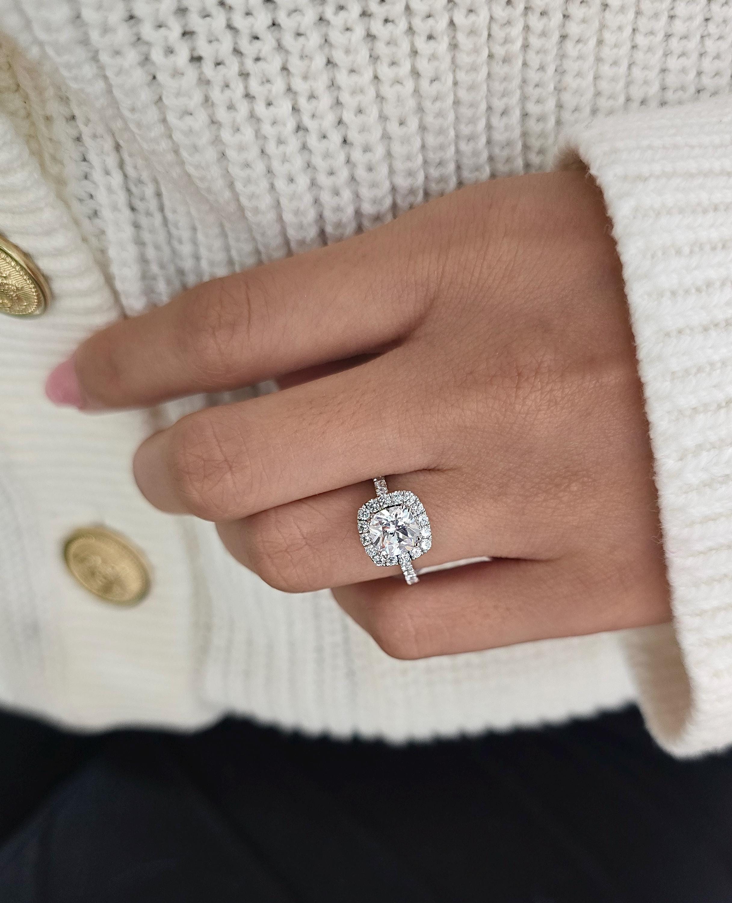 Cushion Cut 1ct 1.50ct 2.00ct 3.00ct Lab Grown Diamond Engagement Wedding Double Halo Ring in 14k 18k Platinum White Yellow Rose Gold.