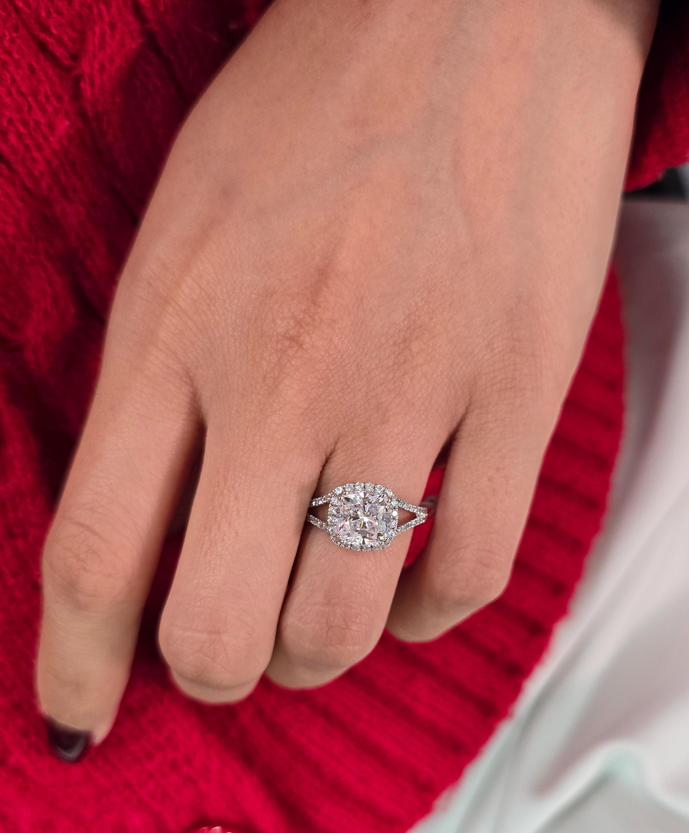 Cushion Cut 1ct 1.50ct 2.00ct 3.00ct Lab Grown Diamond Engagement Wedding Ring in 14k 18k Platinum White Yellow Rose Gold.
