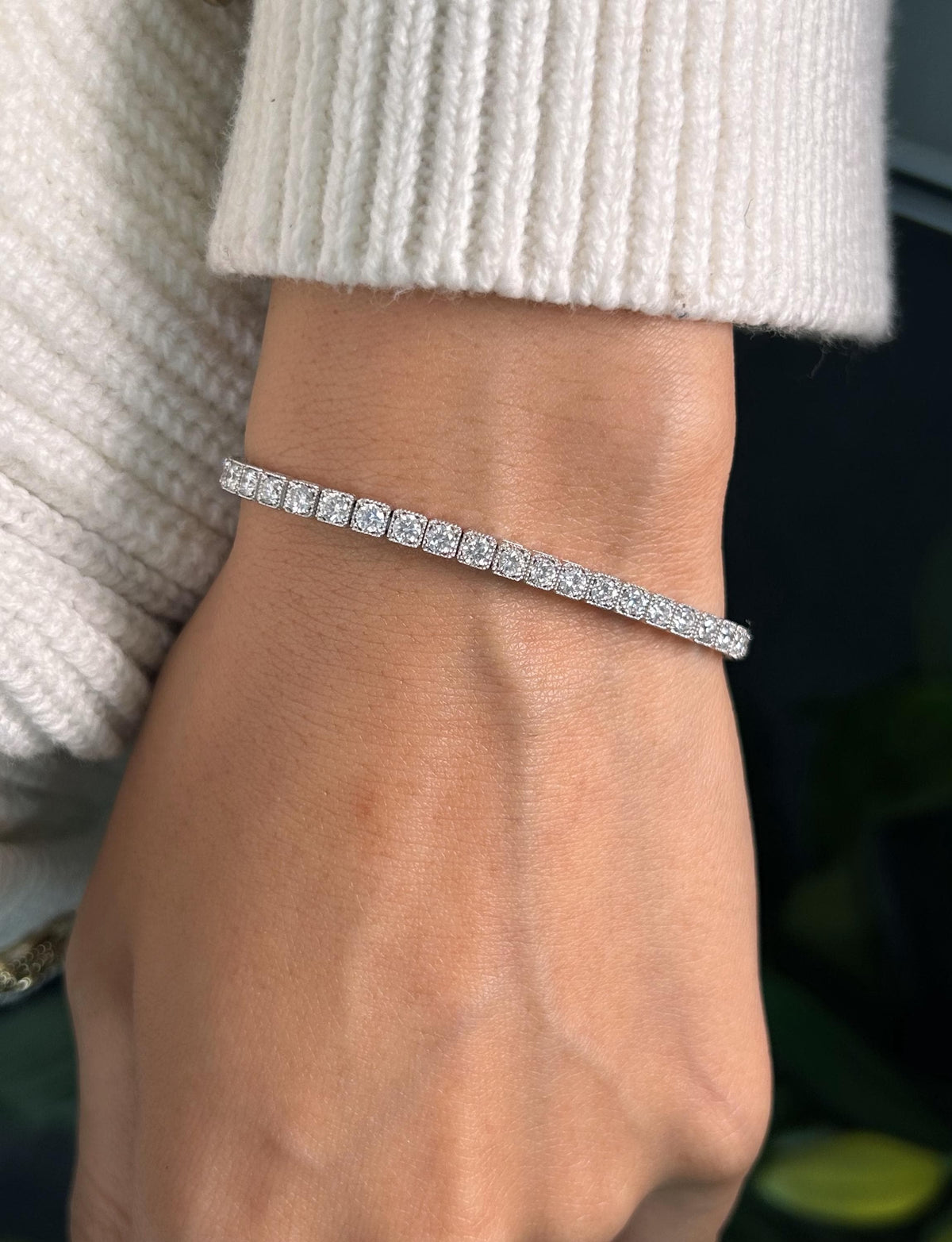14K White Gold Lab Grown Diamond Tennis Bracelet, 7" Length, 4 CTTW Miligrain Bezel Look F Color VS Clarity