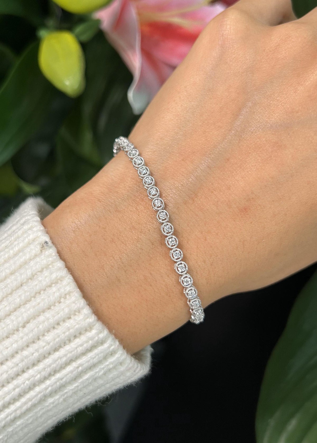14K White Gold Lab Grown Diamond Bracelet, 1.00 CTTW, 48 Diamonds, 7 inch size Round Miligrain