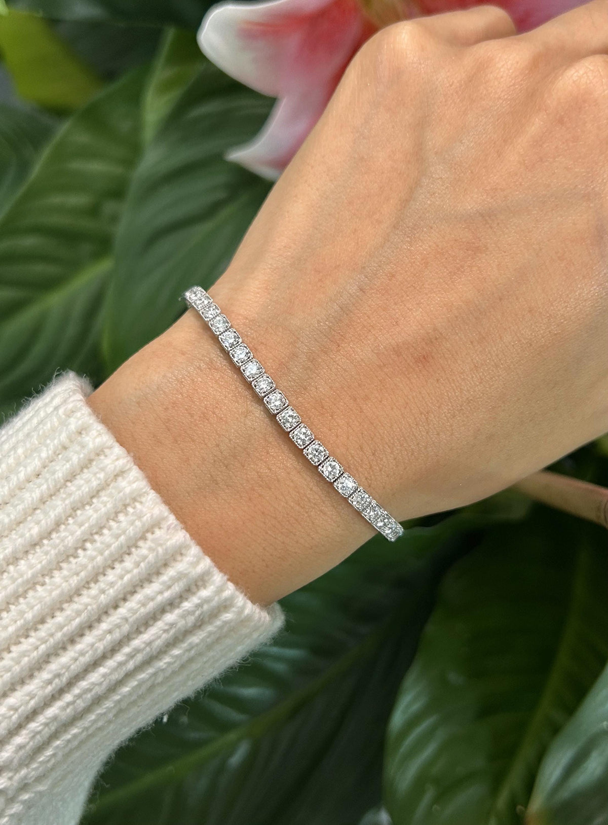 14K White Gold Lab Grown Diamond Tennis Bracelet, 7" Length, 4 CTTW Miligrain Bezel Look F Color VS Clarity