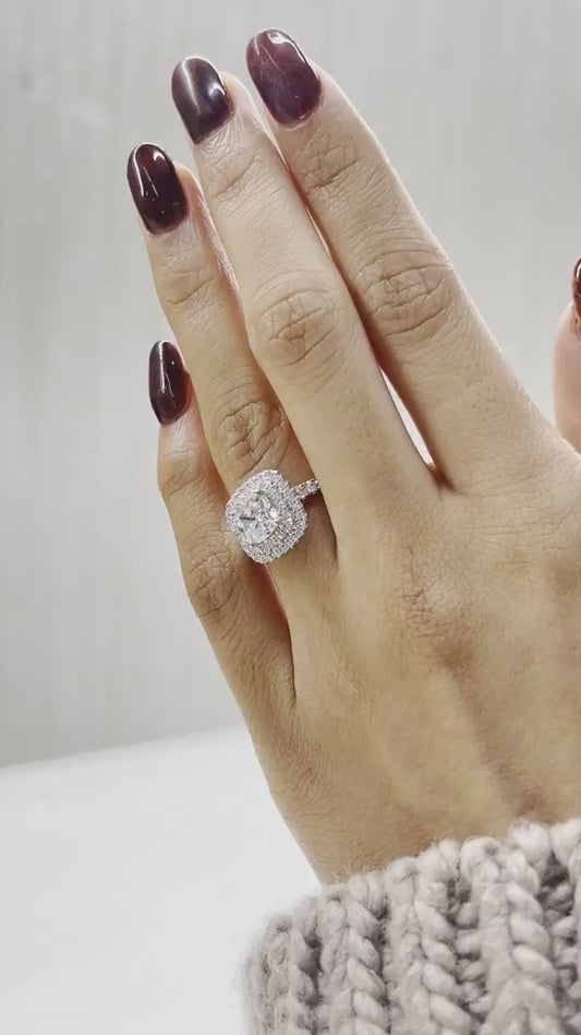 Cushion Cut 1ct 1.50ct 2.00ct 3.00ct Lab Grown Diamond Engagement Wedding Double Halo Ring in 14k 18k Platinum White Yellow Rose Gold.