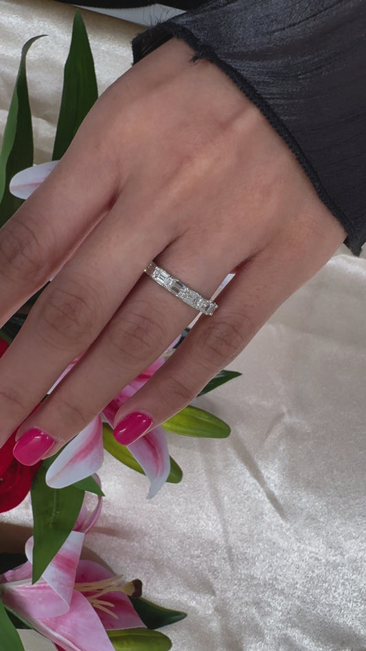 Horizontal Emerald Cut Diamond Ring in 18K White Gold, 1.72CTTW, F Color and VS Clarity Natural Diamonds.