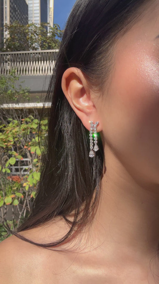Round and Pear Shaped Diamonds Statement Earring in 14K White Gold, 3.85 CTTW, DEF Color and VVS Clarity Lab Grown Diamonds.