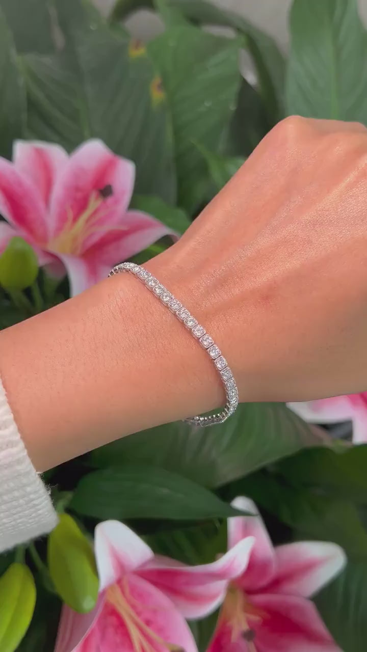 14K White Gold Lab Grown Diamond Tennis Bracelet, 7" Length, 4 CTTW Miligrain Bezel Look F Color VS Clarity