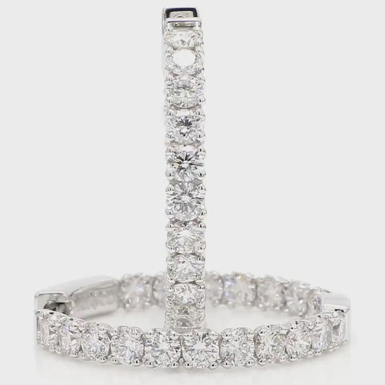Hoops Earrings. Round Diamonds In and Out. 14k White Solid Gold 3 carats diamonds. Lab Grown F VS. Secure Click Lock. Ideal cut and shine.