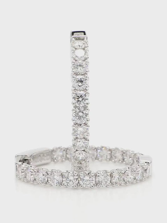 Hoops Earrings. Round Diamonds In and Out. 14k White Solid Gold 3 carats diamonds. Lab Grown F VS. Secure Click Lock. Ideal cut and shine.