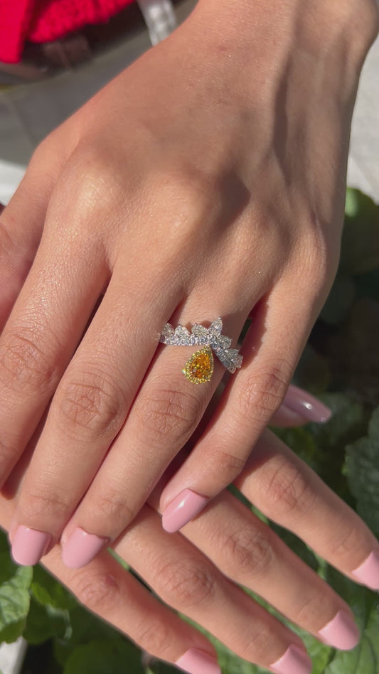 Natural Pear and Round Shaped Diamond Ring in 18K White Gold, 1.38 Carats, GH Color and VS Clarity.