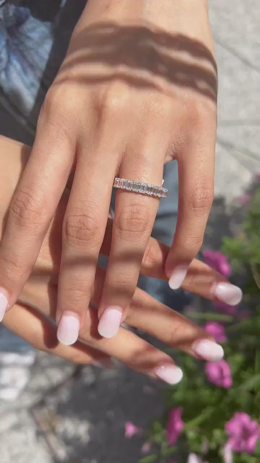 Natural Emerald Shaped Eternity Diamond Ring / Band in 14K 18K White Yellow Rose Gold and Platinum, 3 Carats, GH Color and VS Clarity.